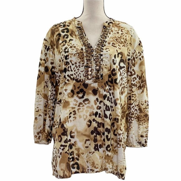 Jm Collection Leopard Print Embellished L/S Blouse - Picture 1 of 11